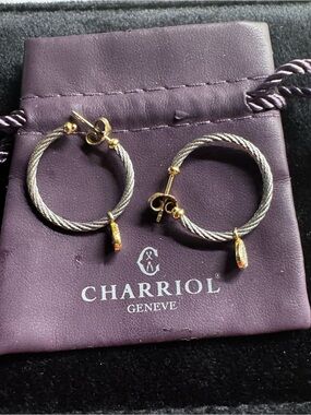 Charriol Two-Tone Cable Hoop Earrings with Pavé Teardrop Charm - Gold & Silver